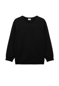 Czarny sweter z miękkiego materiału, z okrągłym dekoltem, długimi rękawami i prążkowanymi mankietami. Prosty design bez wzorów czy akcentów.