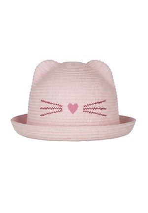 Light pink woven hat with small cat ears, embroidered pink heart nose, and dark pink whiskers on the front.