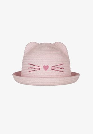 Light pink woven hat with small cat ears, embroidered pink heart nose, and dark pink whiskers on the front.