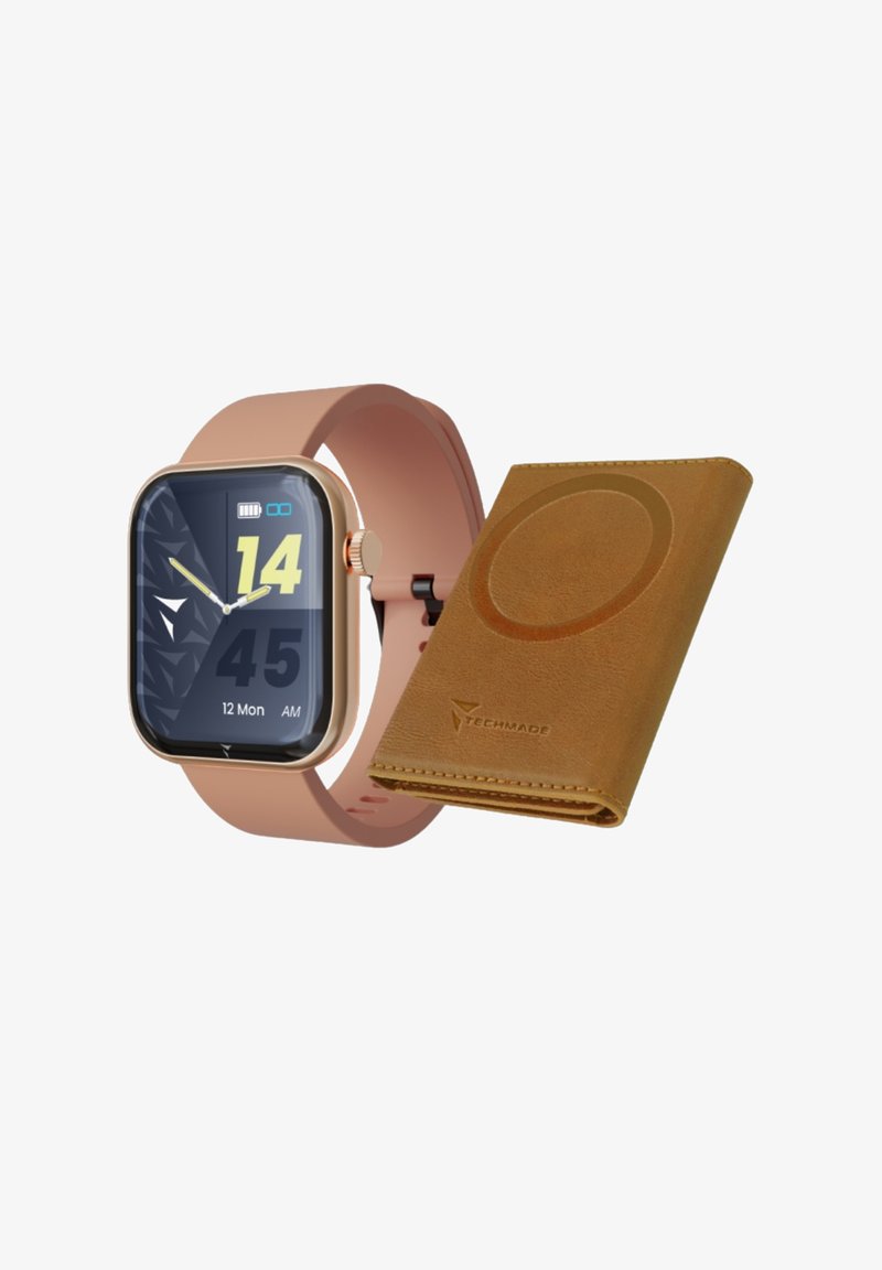 Smartwatch with a square black display, rose gold bezel, and pink silicone strap beside a brown leather wallet with a circular accent.
