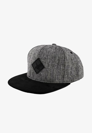 Gray and black snapback cap made of textured fabric with a solid black visor and a black diamond patch on the front.