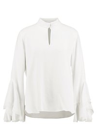 Camicia bianca a maniche lunghe con colletto alto, scollatura a chiave e maniche trasparenti svasate. Tessuto morbido e leggero con una consistenza liscia.