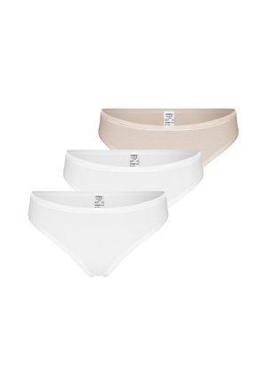Trzy damskie majtki bikini w kolorze beżowym i białym, każde z widoczną metką marki na wewnętrznym pasie.