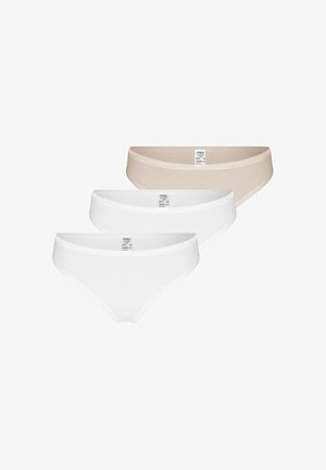 Trzy damskie majtki bikini w kolorze beżowym i białym, każde z widoczną metką marki na wewnętrznym pasie.
