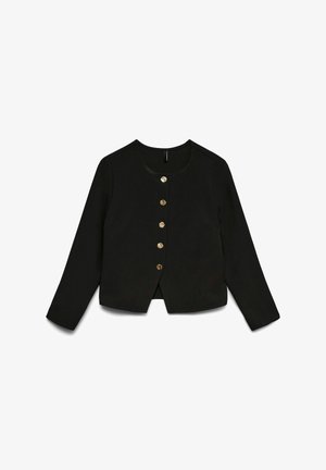 Czarna krótka kurtka z długimi rękawami, okrągłym dekoltem, sześcioma złotymi guzikami z przodu i gładką teksturą.