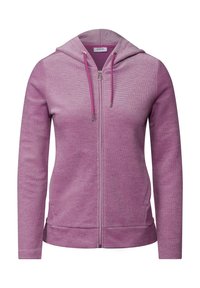 Veste à capuche zippée rose avec un tissu texturé, dotée d'une capuche avec cordon de serrage, de manches longues et de poches avant. Design simple et décontracté.