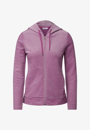 Sudadera rosa con cremallera, de tejido texturizado, que cuenta con una capucha ajustable, mangas largas y bolsillos frontales. Diseño simple y casual.