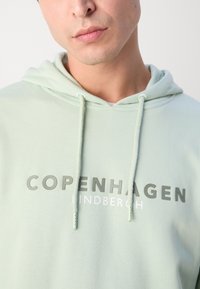 Felpa verde chiaro realizzata in tessuto morbido, con una grafica frontale che presenta "COPENHAGEN" e "HINDENBERG" in grigio e bianco a contrasto.