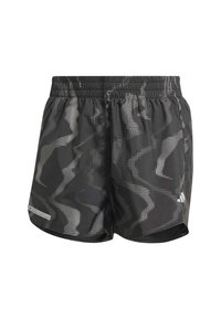 Schwarze Sportshorts mit reflektierendem Camouflage-Muster, elastischem Bund und kleinem Logo am unteren rechten Bein.