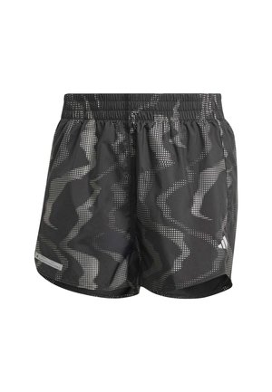 Black athletic shorts with reflective camouflage pattern, elastic waistband, and small logo on the lower right leg.