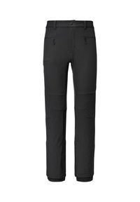 Czarne spodnie softshellowe o prostym kroju, wyposażone w kieszenie na zamek, elastyczne mankiety oraz płaskie szwy, co zapewnia schludny wygląd.