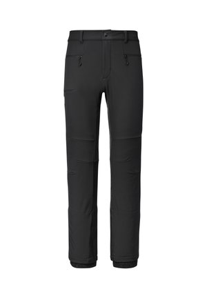 Schwarze Softshell-Hosen mit geradem Schnitt, ausgestattet mit Reißverschlusstaschen, elastischen Bündchen und flachen Nähten für ein schlankes Erscheinungsbild.