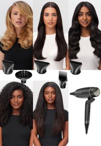 Cinq femmes avec différents types de cheveux coiffés de manière variée, présentant diverses embouts de sèche-cheveux conçus pour chaque texture et style de cheveux.