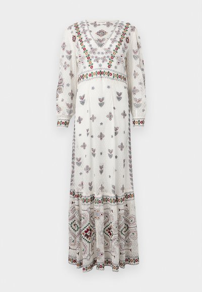 Robe maxi blanche à manches longues avec broderies florales multicolores et motifs géométriques sur le corsage, les poignets, la taille et l'ourlet.