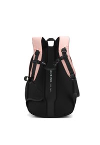 Zaino nero con spalline rosa trapuntate. Dotato di una tasca in rete, spalline regolabili e un logo audace sul pannello frontale. Design leggero.