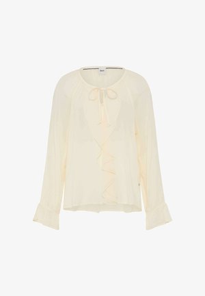 Blouse crème clair avec un devant froncé, un col à nouer, des manches longues avec des poignets évasés et un tissu léger, légèrement transparent.