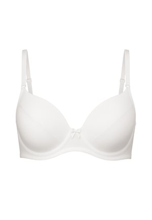 Soutien-gorge blanc à finition lisse, bonnets souples, bretelles ajustables et petit nœud décoratif au centre. Design simple et confortable.