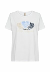 Witte katoenen T-shirt met een grafisch ontwerp van kleurrijke hartvormige vingerafdrukken en de tekst "PARIS Mon Amour" in goud.