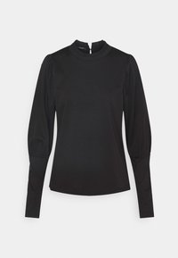 Černý top s dlouhým rukávem, vysokým rýškovaným límcem, nabranými rameny a přiléhavými manžetami, vystavený na čistém bílém pozadí.