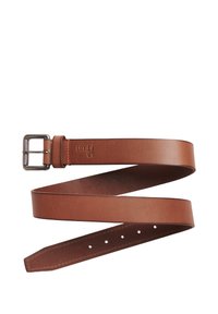 Brązowy skórzany pasek z metalową klamrą w kolorze srebrnym, o gładkiej fakturze, z wieloma otworami do regulacji i wytłoczonym detalem "LOT 64".