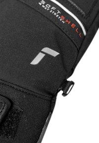 Black softshell glove featuring a silver logo, 4-way stretch material, and a Velcro strap for secure fit. Smooth texture and sleek design.