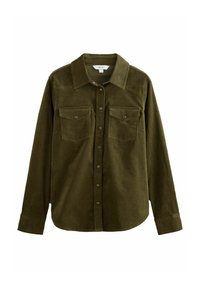 Camicia in corduroy verde oliva con colletto, chiusura a bottoni e due tasche sul petto. Presenta maniche lunghe e una consistenza morbida.