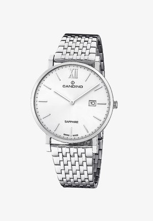 Montre-bracelet Candino en argent avec cadran blanc, chiffre romain XII, guichet de date à 3 heures et bracelet métallique à maillons affichant l'heure 10h10.