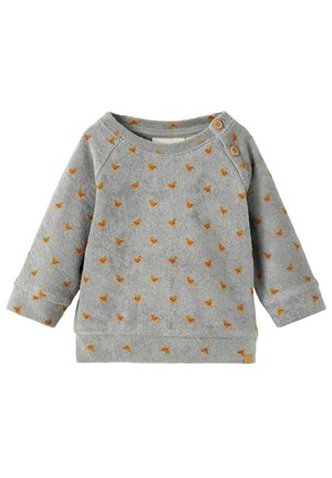 Grå fleece sweatshirt med små orange trekantsmønstre, rund hals og to træknapper på skulderen. Lange ærmer.