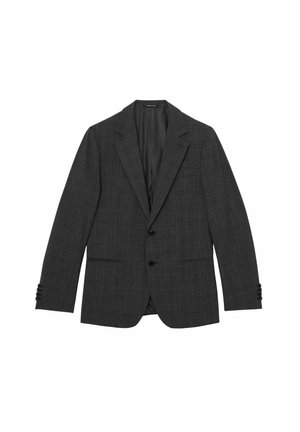 Tmavě šedé pánské sako s jemným kostkovaným vzorem, výstřihem s klopami, dvouknoflíkovým předním zapínáním a klopovými kapsami, zobrazené na rovném bílém pozadí.