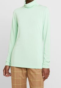 Lättgrön långärmad tröja med hög krage, tillverkad av mjukt material; har en avslappnad passform och en slät yta. Matchas med bruna rutiga byxor.