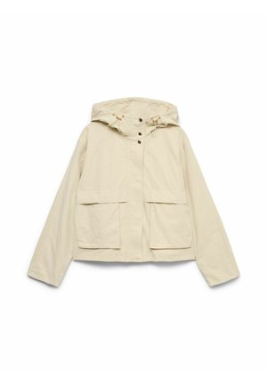 Veste à capuche beige avec boutons-pression à l'avant, cordons de serrage réglables sur la capuche et deux grandes poches plaquées à l'avant.