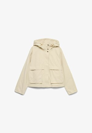Veste à capuche beige avec boutons-pression à l'avant, cordons de serrage réglables sur la capuche et deux grandes poches plaquées à l'avant.