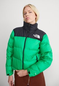 Zelena puffer jakna s crnim gornjim dijelom, prednjim zatvaračem, visokim ovratnikom i rebrastim manžetama. Sadrži logo North Face na prsima.