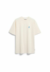 Roomkleurig katoenen t-shirt met korte mouwen, ruime pasvorm, met een klein blauw lintlogo op het linkerborstgebied.