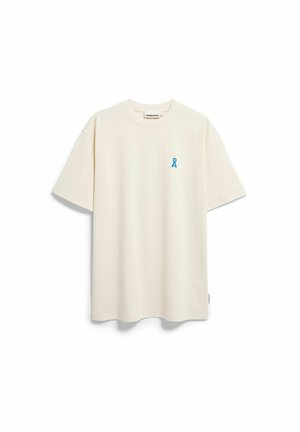 Roomkleurig katoenen t-shirt met korte mouwen, ruime pasvorm, met een klein blauw lintlogo op het linkerborstgebied.