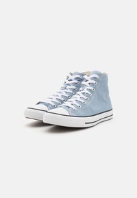 Light blue high-top sneakers made of canvas, featuring white laces, a rubber toe cap, and a black-striped white sole.