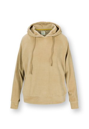 Beige zachte stoffen hoodie met lange mouwen, voorzak en verstelbare trekkoordcapuchon, weergegeven op een witte achtergrond.