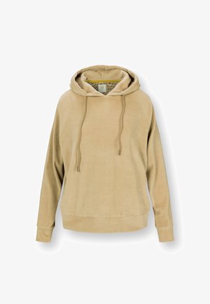 Beige zachte stoffen hoodie met lange mouwen, voorzak en verstelbare trekkoordcapuchon, weergegeven op een witte achtergrond.