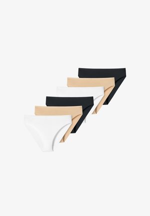 Six pairs of women’s seamless briefs in white, beige, and black. Made from smooth fabric with a stretchy waistband and minimal design.