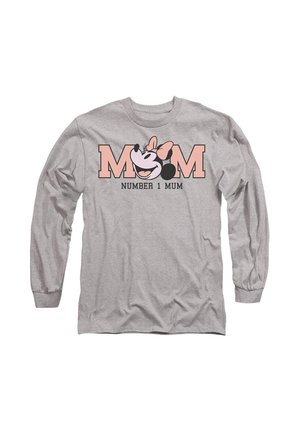 Graues Langarm-T-Shirt mit dem Text "MOM" in großen schwarzen und pfirsichfarbenen Buchstaben, mit einer lächelnden Cartoonfigur im Design.