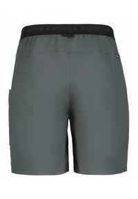 Pantalones cortos grises hechos de un material ligero, con una cinturilla elástica, bolsillo lateral y dobladillo cosido. La cinturilla tiene un acento de logo.