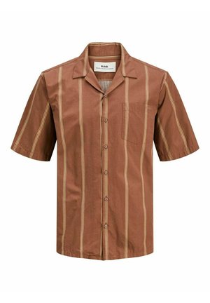 Lühikeste varrukatega särk pruunist tekstuuriga kangast, millel on vertikaalsed kreemjad triibud, varustatud nööbikoha ja rinnataskuga.