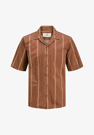 Trumpas rankovėmis marškiniai iš rudos tekstūruotos medžiagos su vertikaliomis kreminėmis juostelėmis, su mygtukų užsegimu priekyje ir krūtinės kišene.