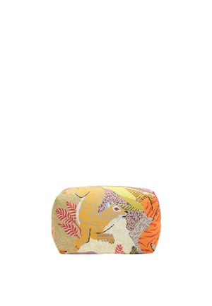 Pequeño bolso rectangular con patrones coloridos de animales y hojas, con un diseño de tigre amarillo, leopardo y tigre naranja.