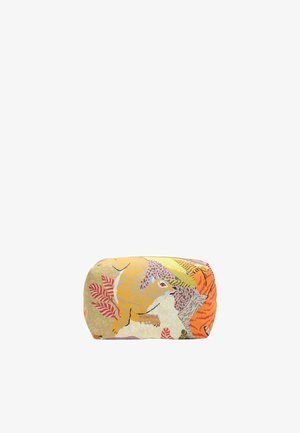 Pequeño bolso rectangular con patrones coloridos de animales y hojas, con un diseño de tigre amarillo, leopardo y tigre naranja.