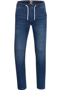 Tummansiniset denim-jogger-housut, joissa on elastinen vyötärö, nyöri ja sivutaskut; kapeneva malli, jossa on hienovaraiset ompeluyksityiskohdat.