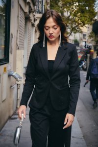 Mustas ülikonnas naine pärlitest kaunistusega käekotiga ja pikkade hõbedaste kõrvarõngastega kõnnib linna kõnniteel, taustal puud ja hooned.