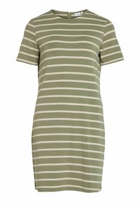 Pasiasta sukienka z krótkim rękawem w oliwkowym zielonym i kremowym kolorze, z okrągłym dekoltem i zapięciem na zamek z tyłu. Miękki, elastyczny materiał o dopasowanym kroju.