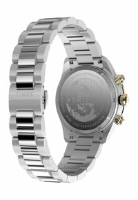 Orologio in acciaio inox argentato con bracciale bicolore, cassa rotonda, corona a vite e fondello della cassa con un motivo inciso.