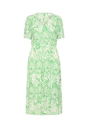 White midi dress with short sleeves and green floral and paisley pattern, featuring a V-neckline and fitted waist.